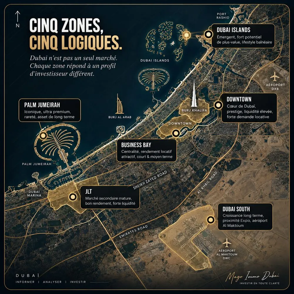 Carte des zones clés de Dubaï suivies par Mago Immo Dubai : Dubai Islands, Palm Jumeirah, Downtown, Business Bay, JLT, Dubai South
